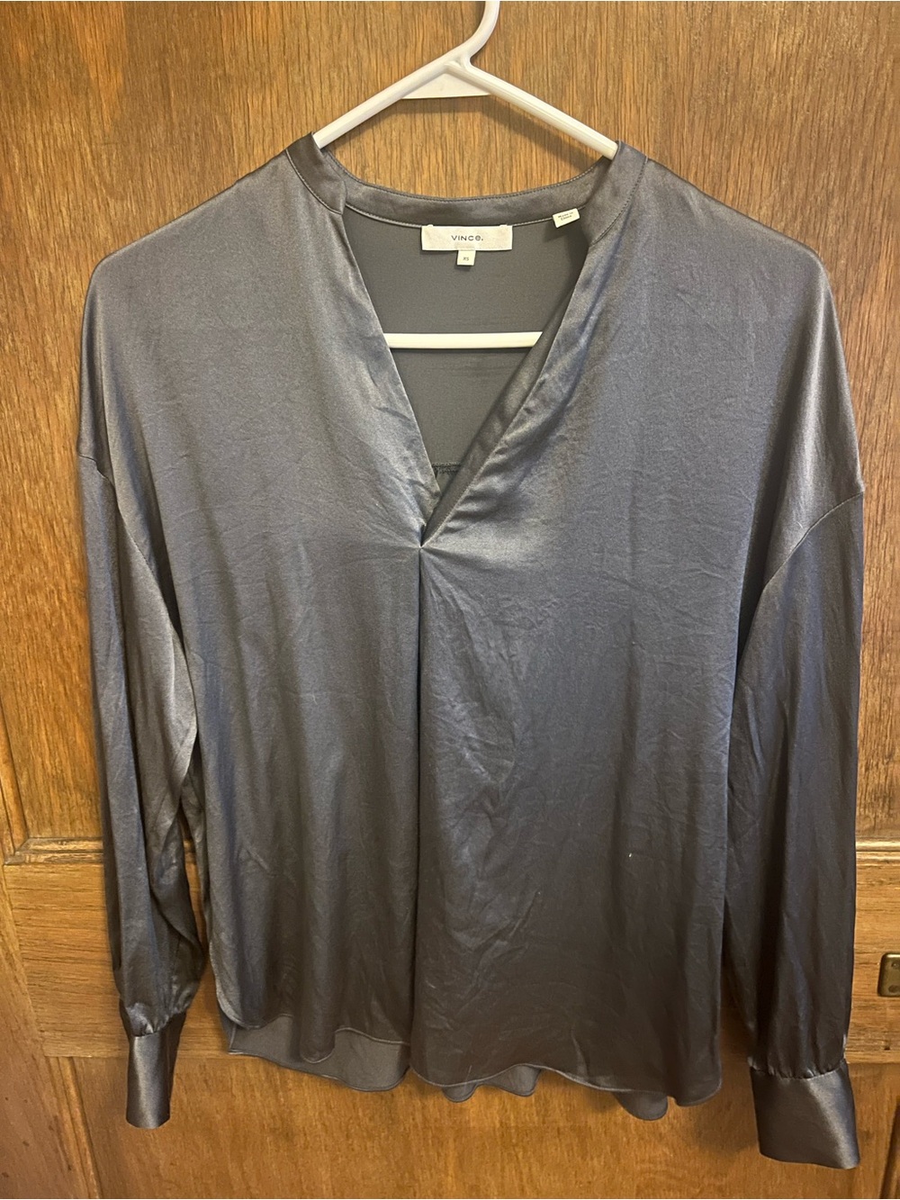 Vince Satin-Effect V-Neck Long-Sleeve Blouse — Gray